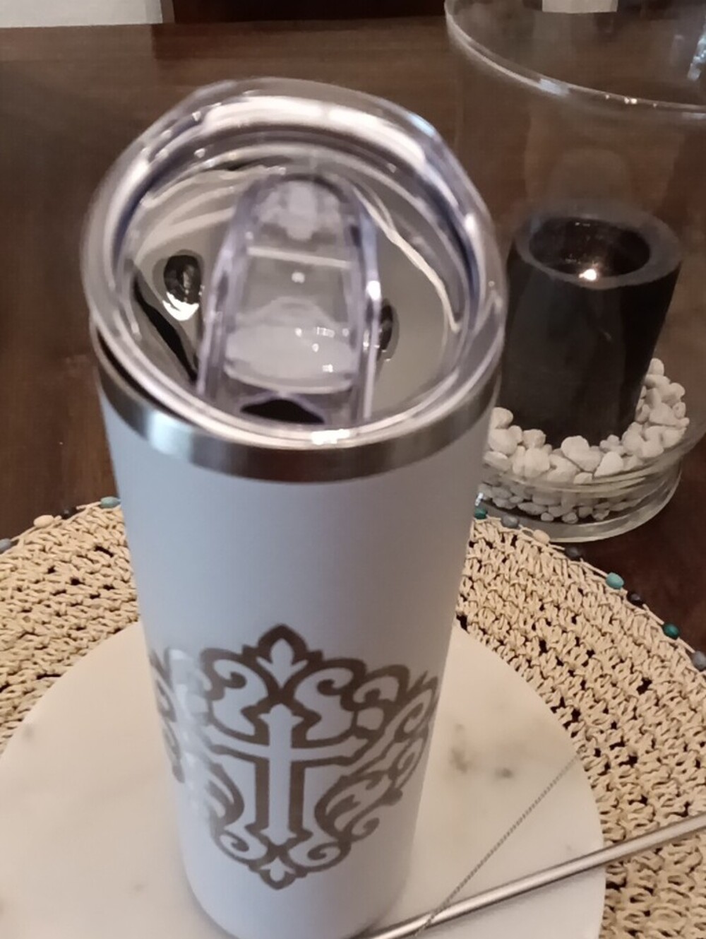 Engraved By Us Bluemoon. Matte White Stainless Travel Tumbler w Silver Cross. - Picture 2 of 5